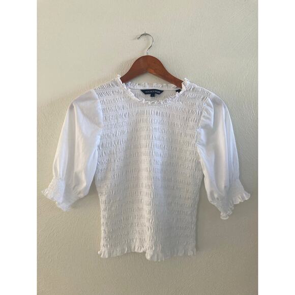 Veronica Beard Langston Smocked Ruffle Top Blouse White Elevated Basic M Cotton - Picture 6 of 11